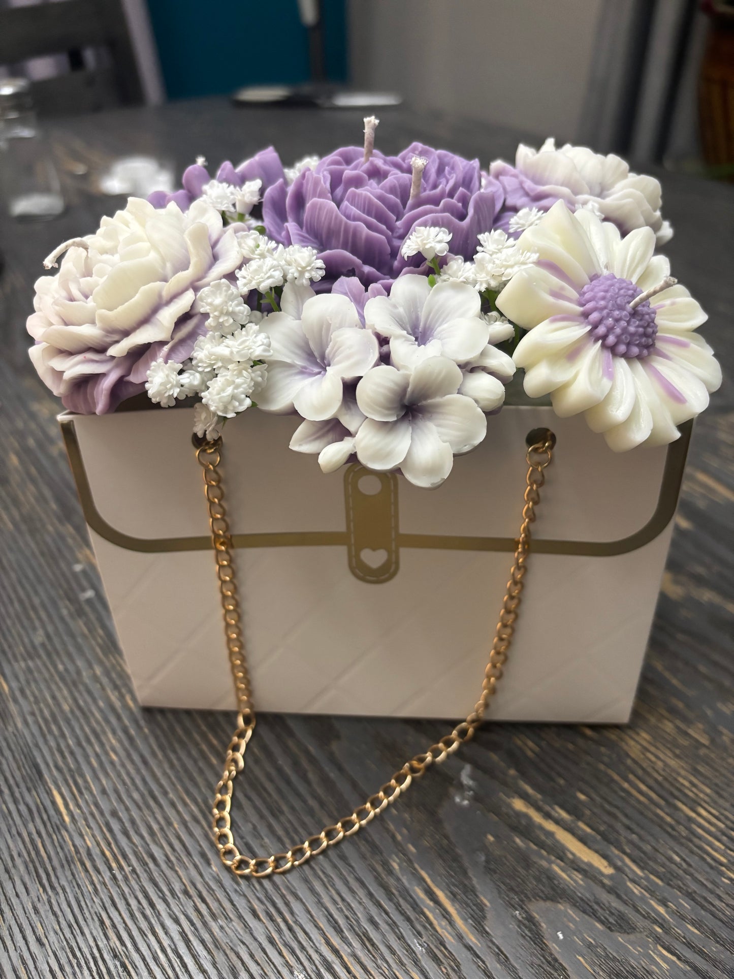 Custom Soy Candle Flower Bouquet in Purse Bag — Choose Colors, Rose & Gardenia Scented