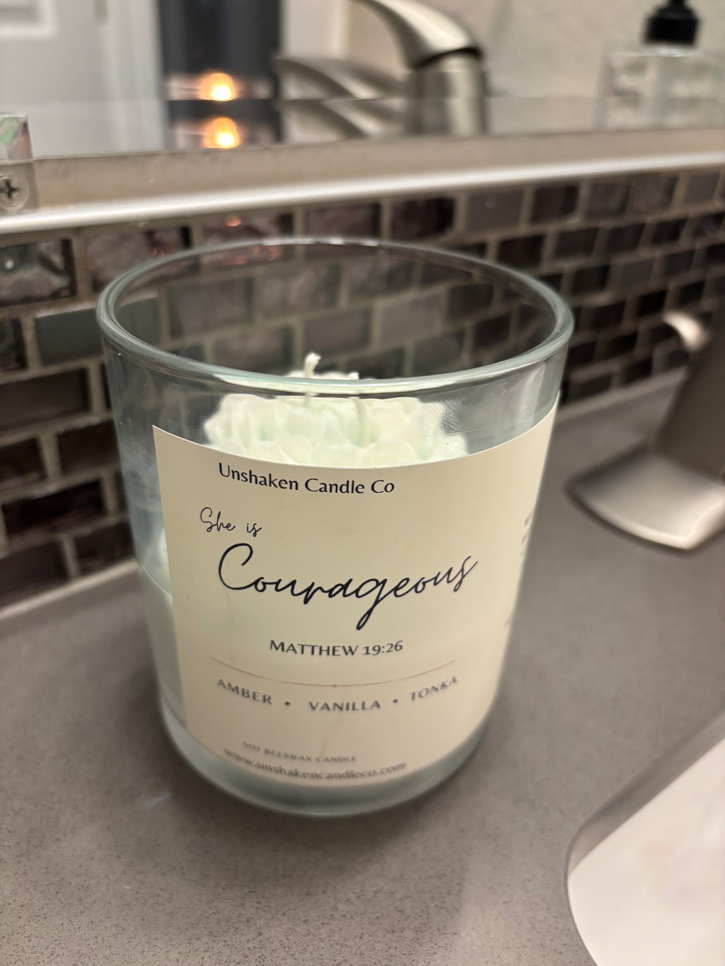She Is Courageous Candle | Matthew 19:26 Scripture Candle | Peony Flower Faith Candle | Christian Gift for Women | 10 oz