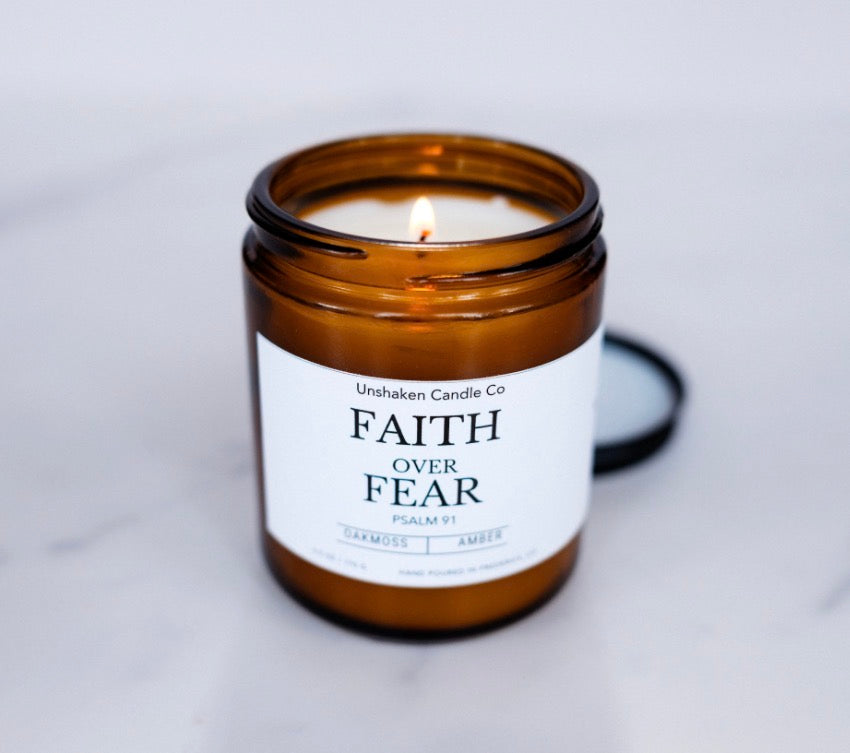 Faith Over Fear Candle | Inspirational Soy Blend Candle | Psalm 91 Inspired | Oakmoss & Amber