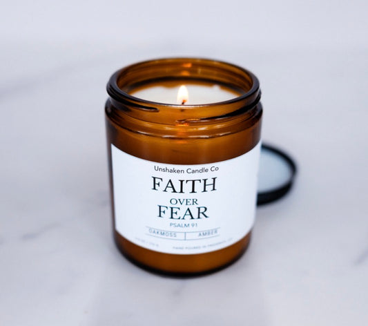 Faith Over Fear Candle | Inspirational Soy Blend Candle | Psalm 91 Inspired | Oakmoss & Amber