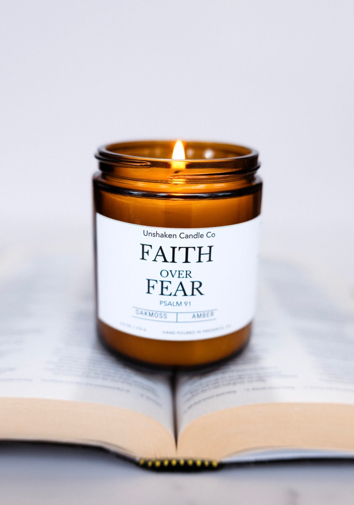Faith Over Fear Candle | Inspirational Soy Blend Candle | Psalm 91 Inspired | Oakmoss & Amber