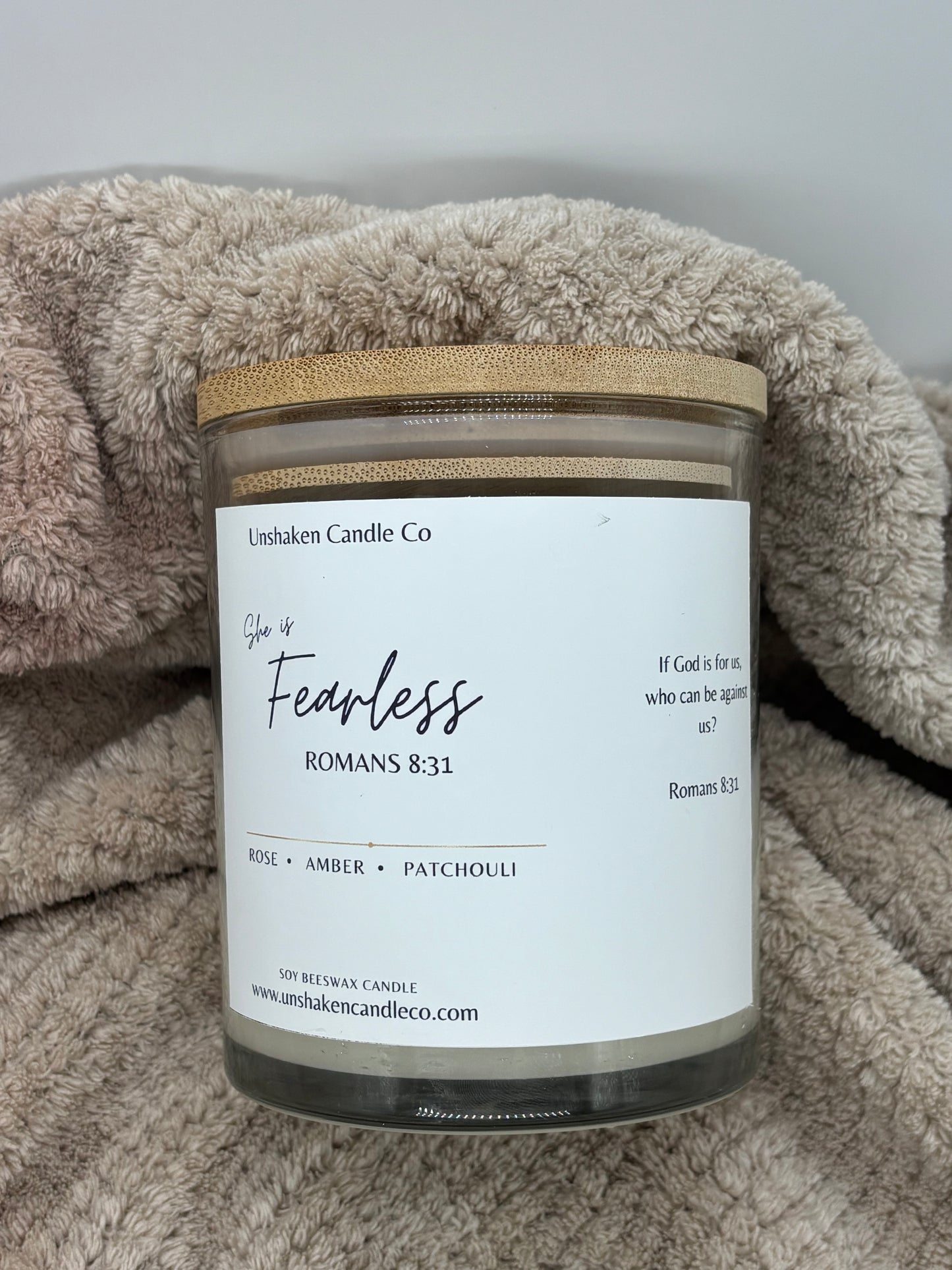 She Is Fearless • Faith Candle | Romans 8:31 | Christian Gift for Women
