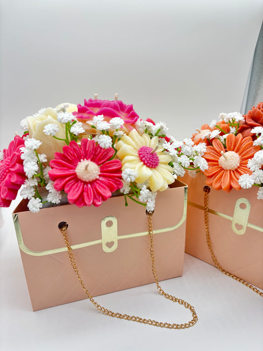 Custom Soy Candle Flower Bouquet in Purse Bag — Choose Colors, Rose & Gardenia Scented