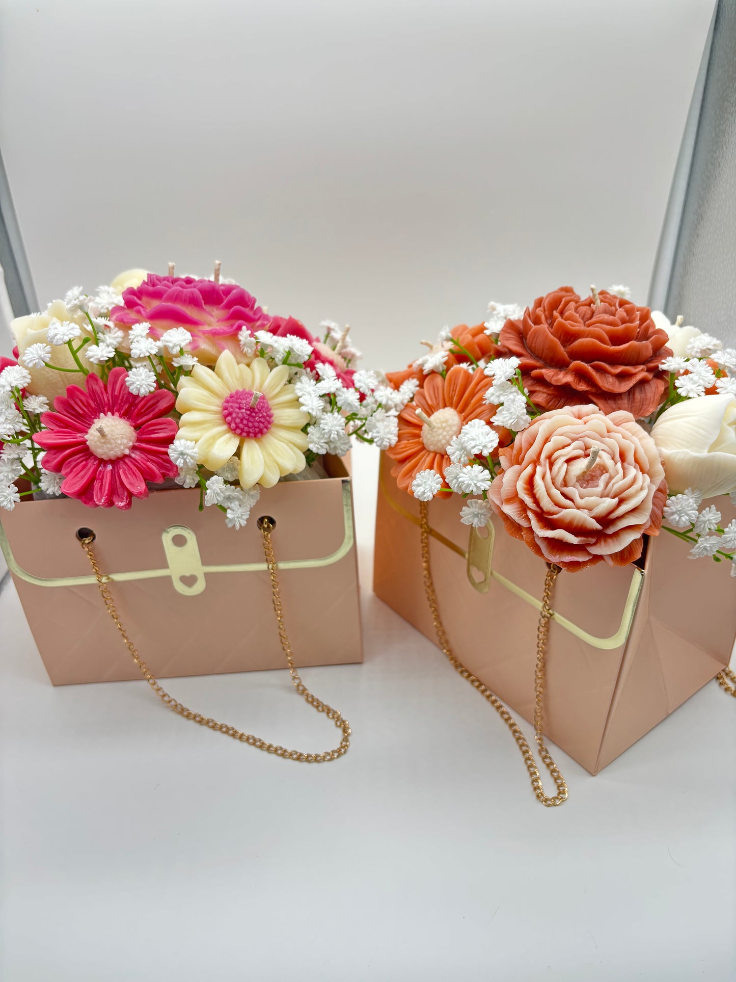 Custom Soy Candle Flower Bouquet in Purse Bag — Choose Colors, Rose & Gardenia Scented