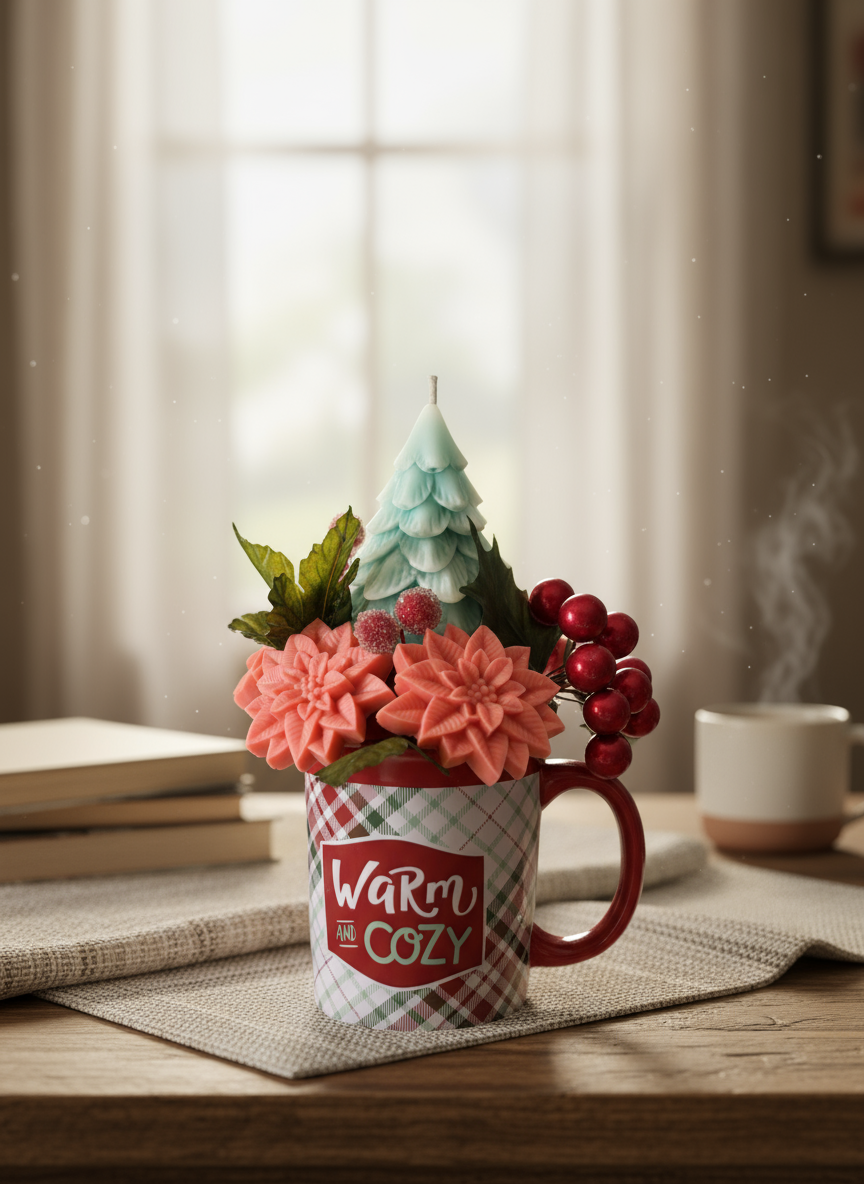 Holiday Wax Melt & Candle Arrangement in Festive Mug | Christmas Centerpiece Gift