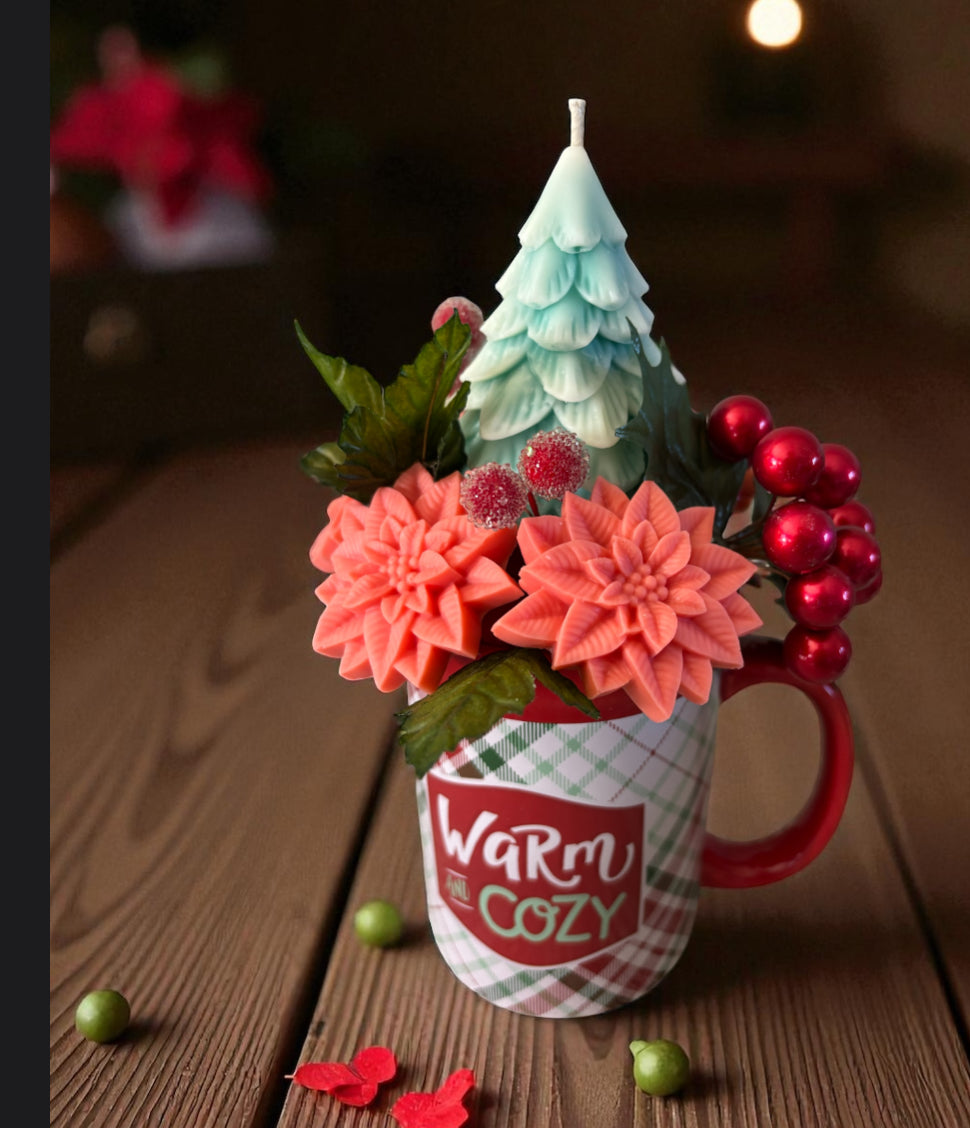 Holiday Wax Melt & Candle Arrangement in Festive Mug | Christmas Centerpiece Gift