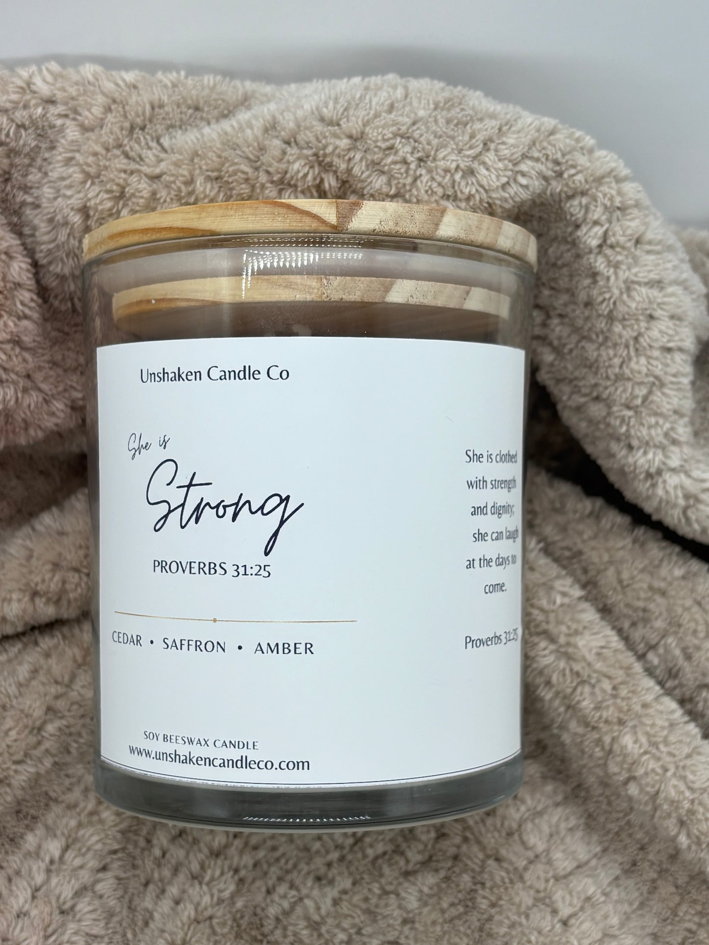 She Is Strong • Faith Candle | Proverbs 31:25 | Handmade