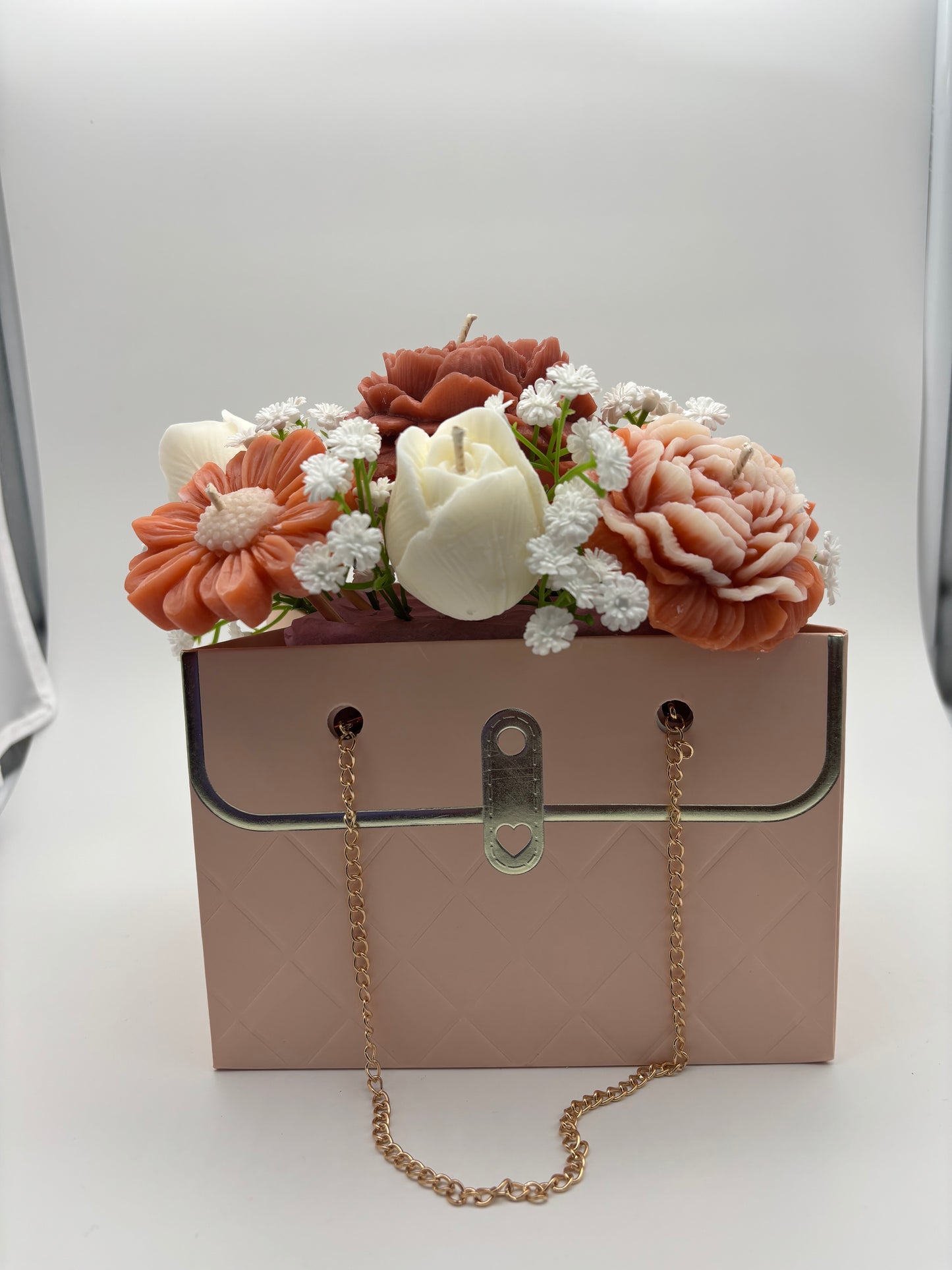 Custom Soy Candle Flower Bouquet in Purse Bag — Choose Colors, Rose & Gardenia Scented