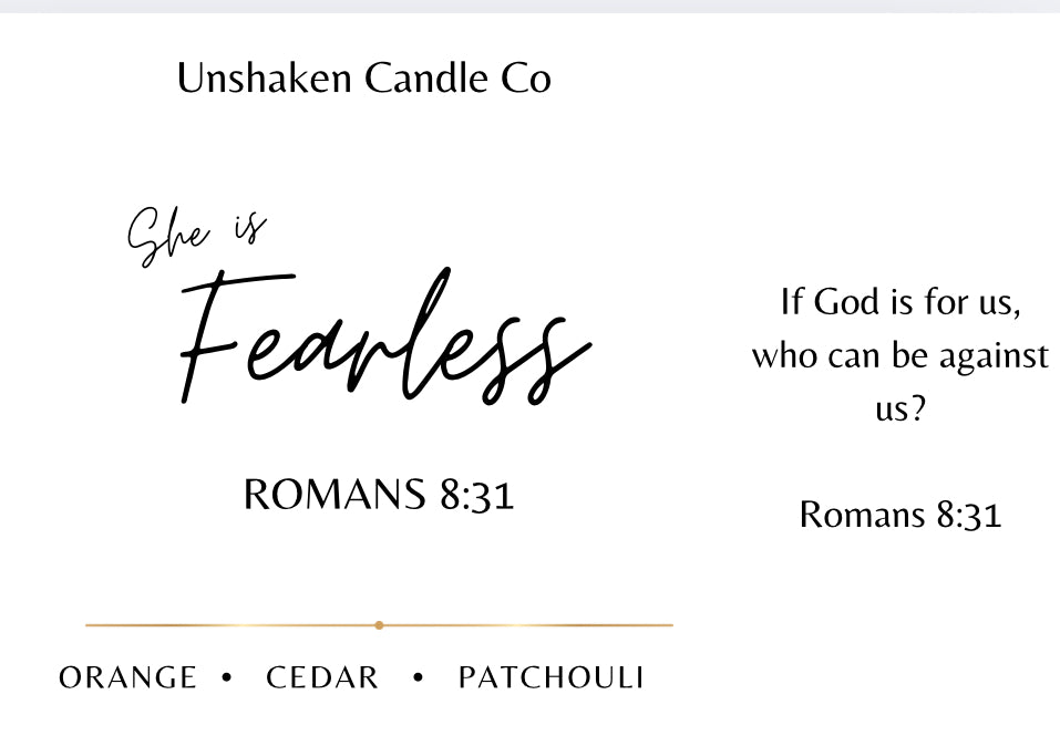 She Is Fearless • Faith Candle | Romans 8:31 | Christian Gift for Women