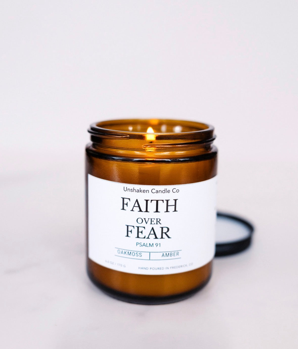 Faith Over Fear Candle | Inspirational Soy Blend Candle | Psalm 91 Inspired | Oakmoss & Amber