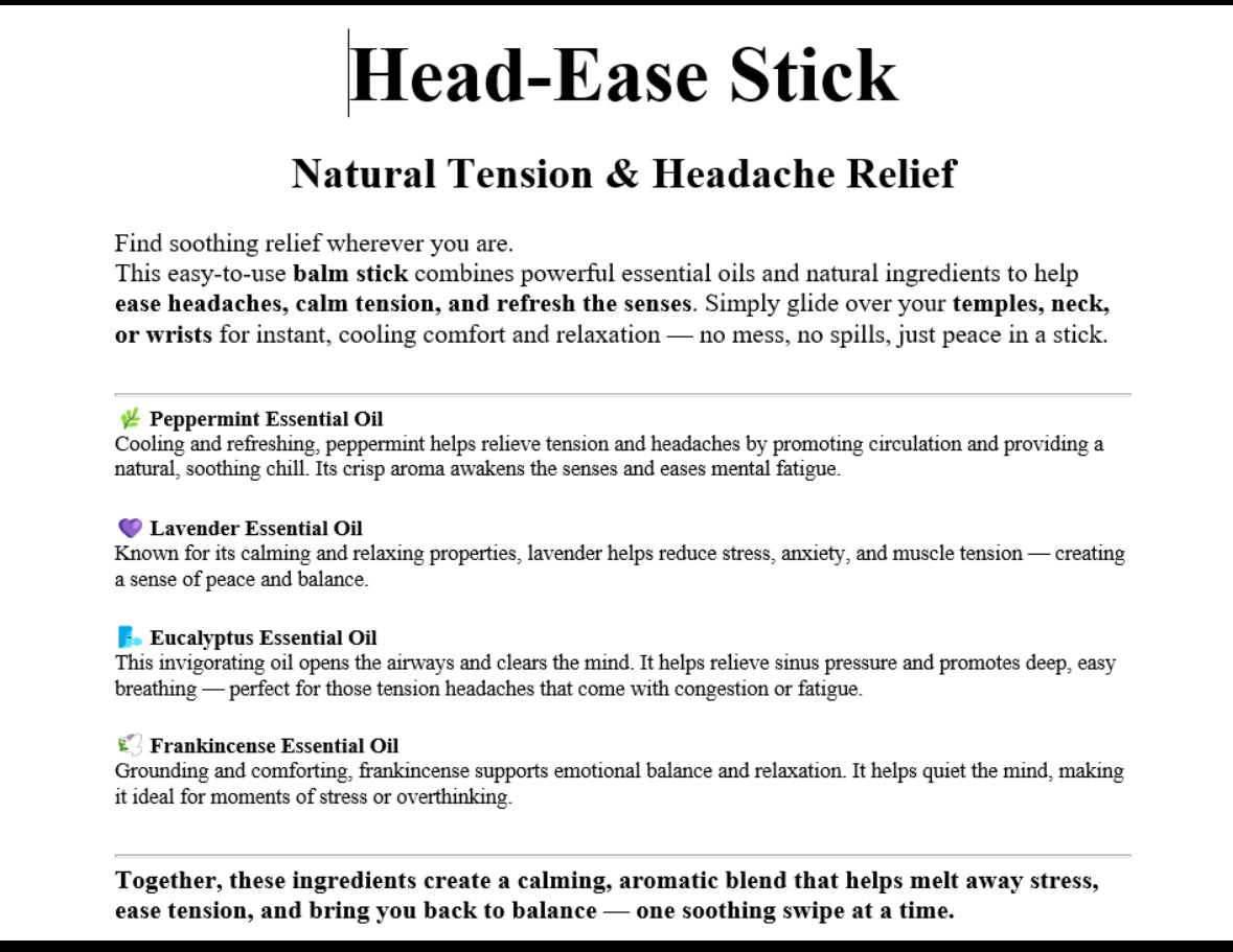 Headache Relief Balm Stick – Natural Essential Oil Roll On with Peppermint, Lavender, Frankincense & Eucalyptus | Soothing Aromatherapy Tension Stick