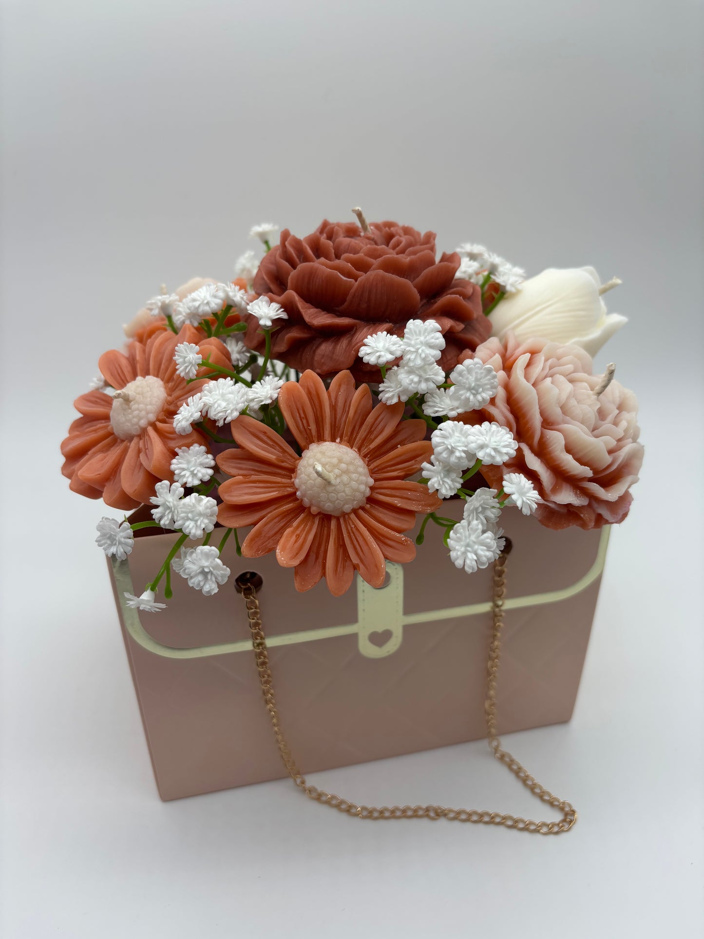 Custom Soy Candle Flower Bouquet in Purse Bag — Choose Colors, Rose & Gardenia Scented