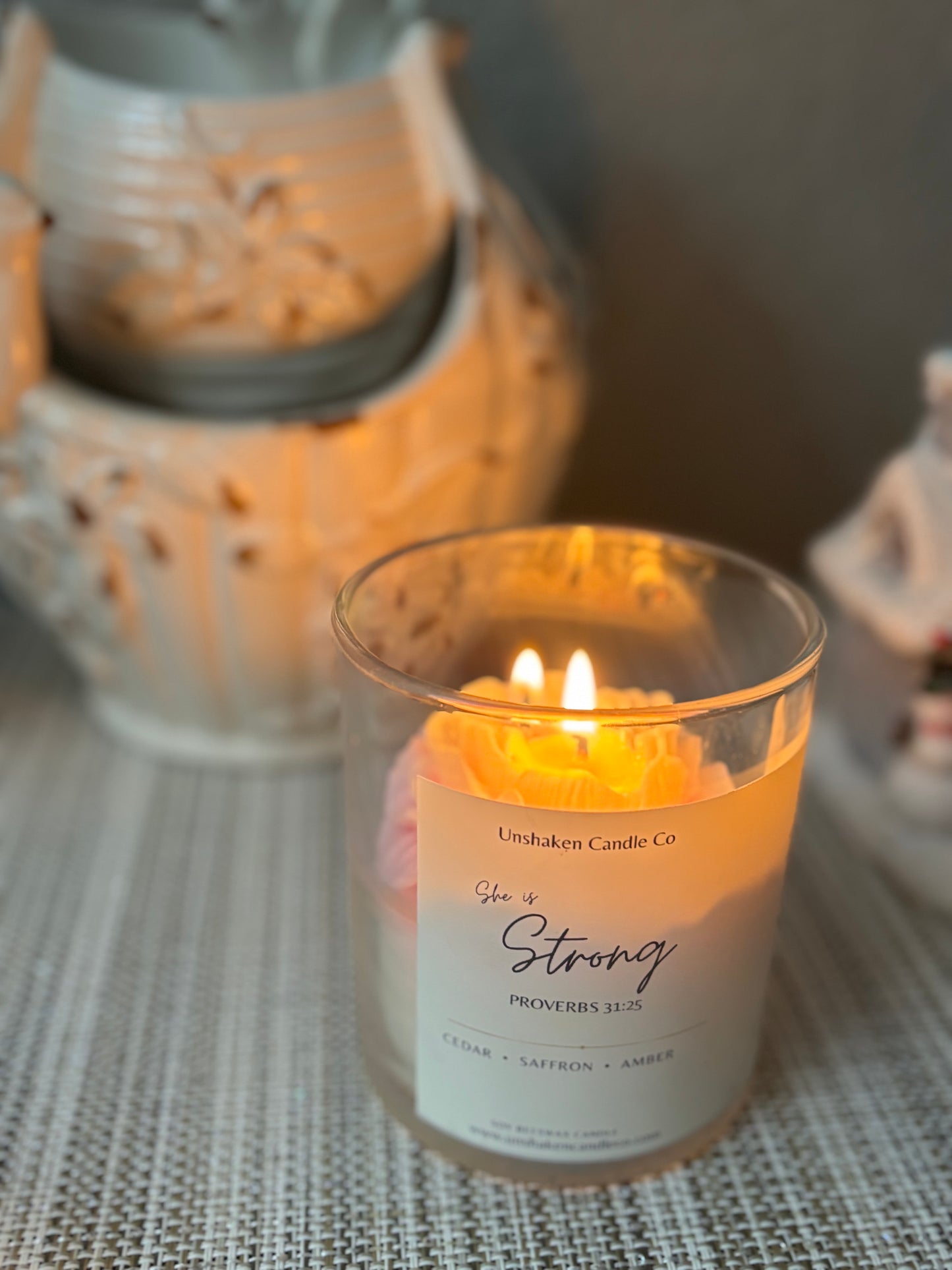 She Is Strong • Faith Candle | Proverbs 31:25 | Handmade