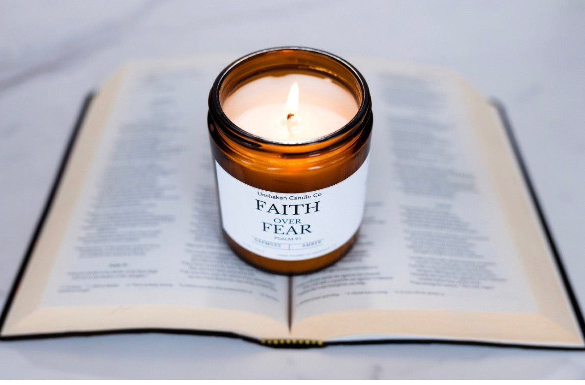 Faith Over Fear Candle | Inspirational Soy Blend Candle | Psalm 91 Inspired | Oakmoss & Amber