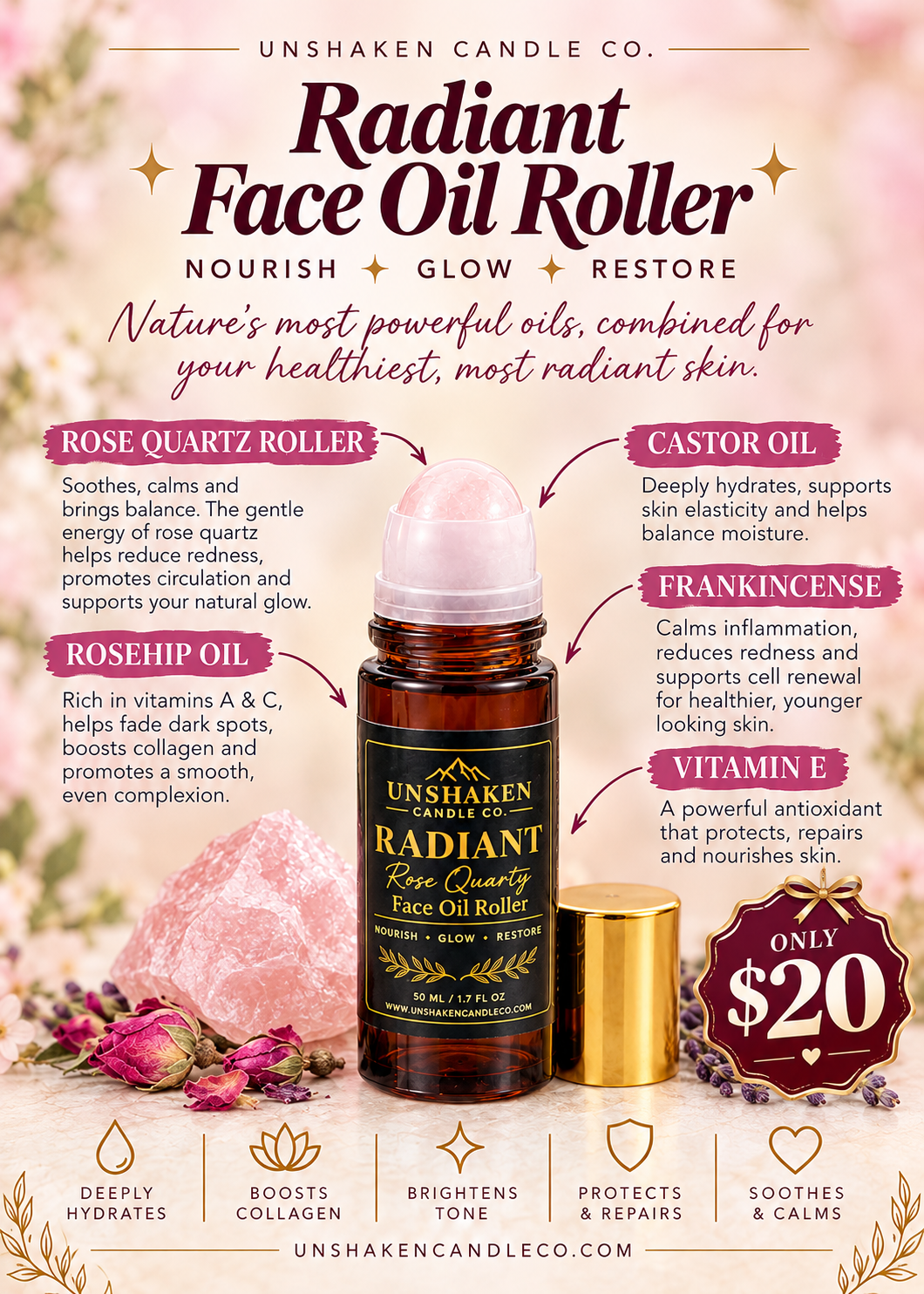 Rose Quartz Facial Oil | Radiant Face Oil with Castor,  Rosehip & Jojoba