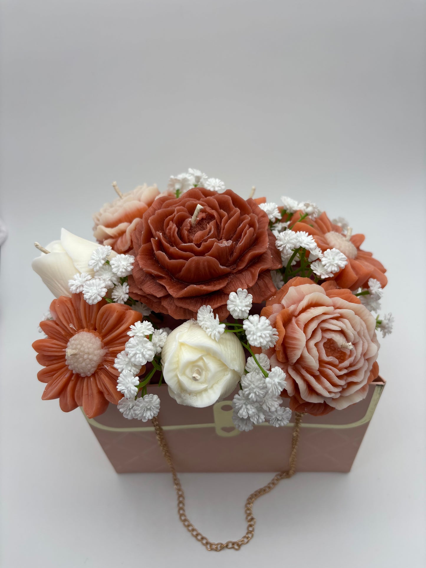 Custom Soy Candle Flower Bouquet in Purse Bag — Choose Colors, Rose & Gardenia Scented
