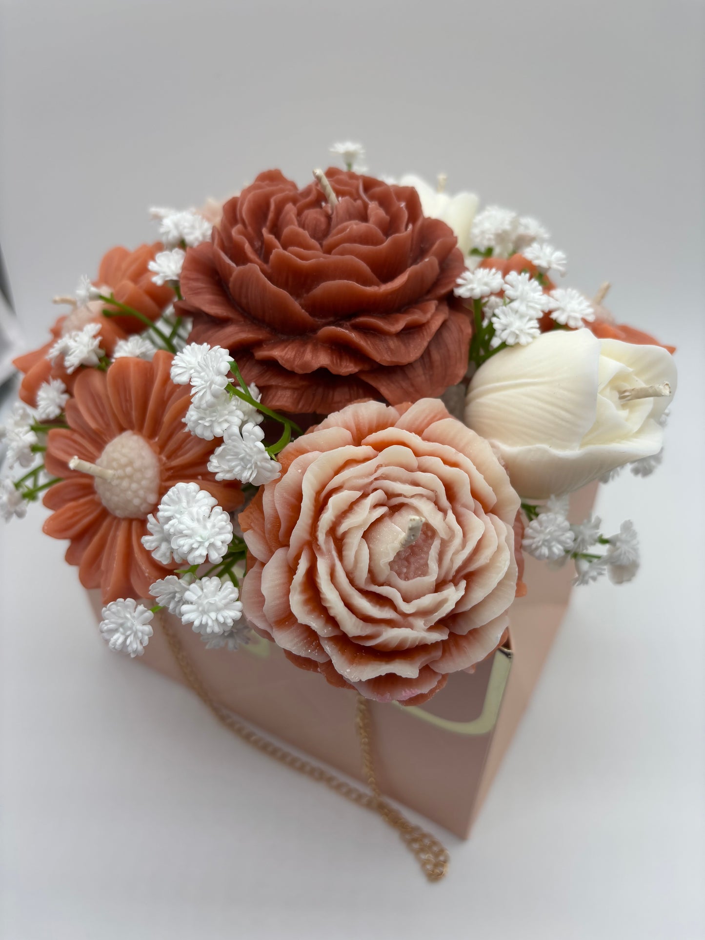 Custom Soy Candle Flower Bouquet in Purse Bag — Choose Colors, Rose & Gardenia Scented