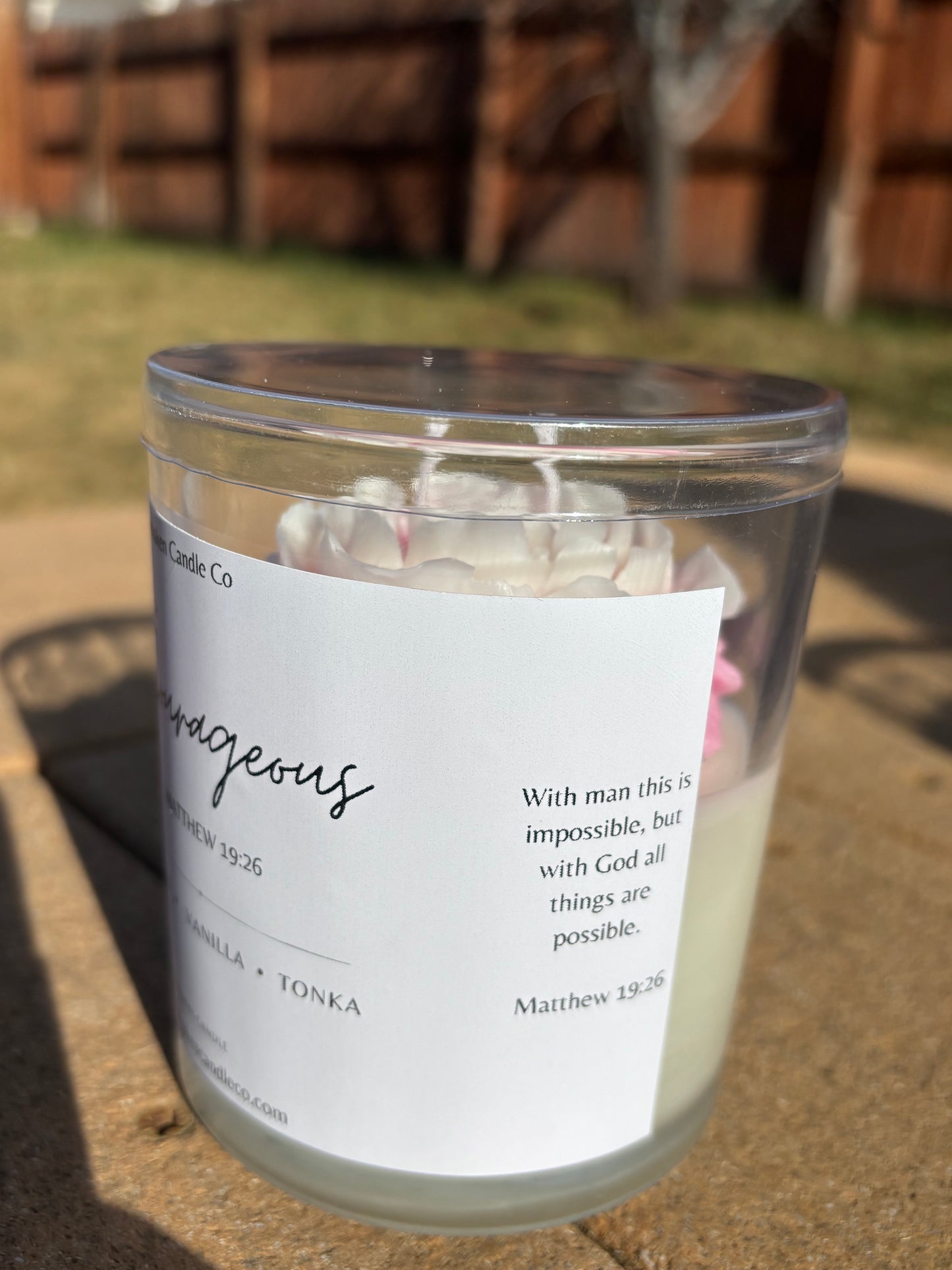 She Is Courageous Candle | Matthew 19:26 Scripture Candle | Peony Flower Faith Candle | Christian Gift for Women | 10 oz