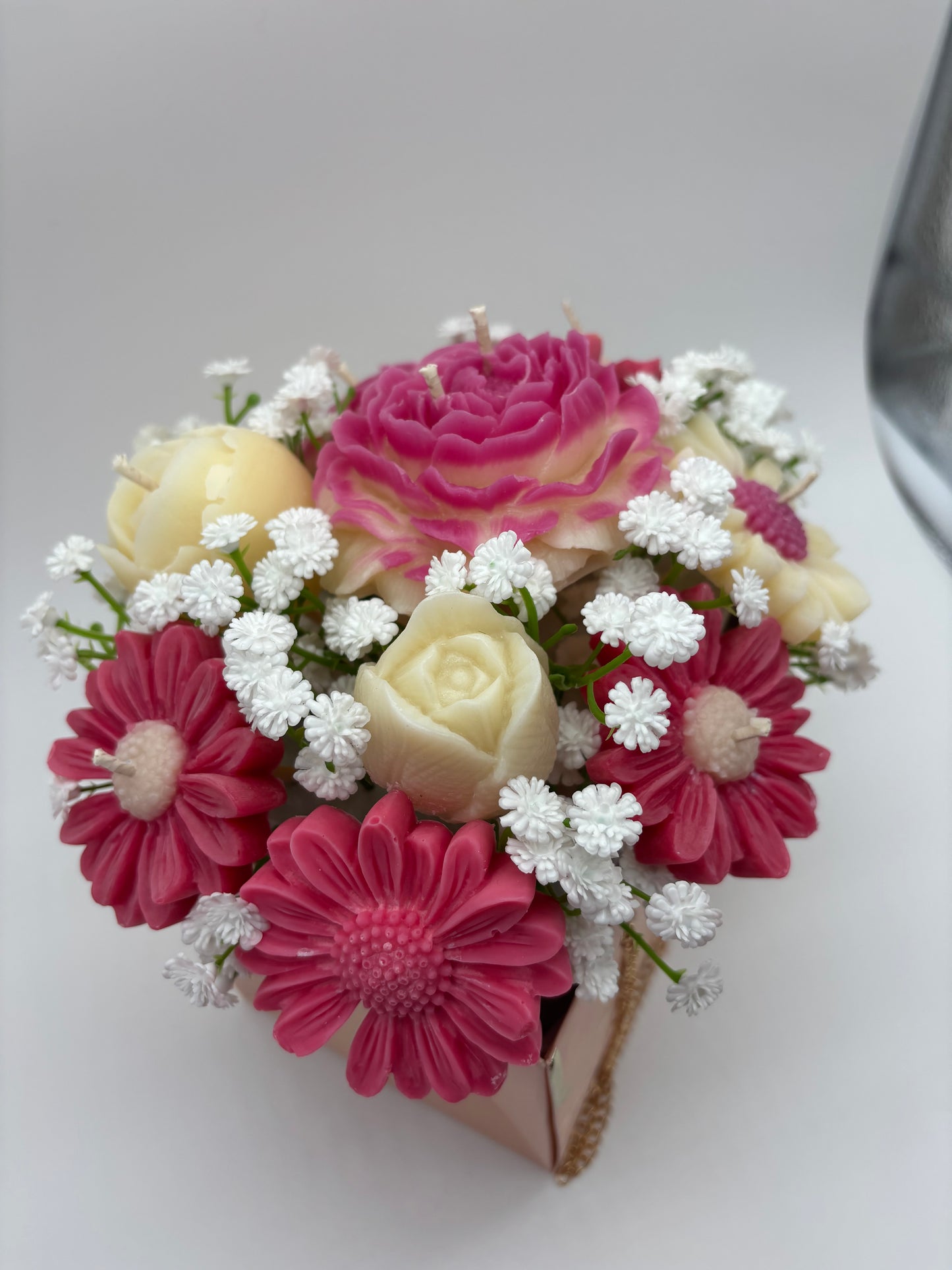 Custom Soy Candle Flower Bouquet in Purse Bag — Choose Colors, Rose & Gardenia Scented