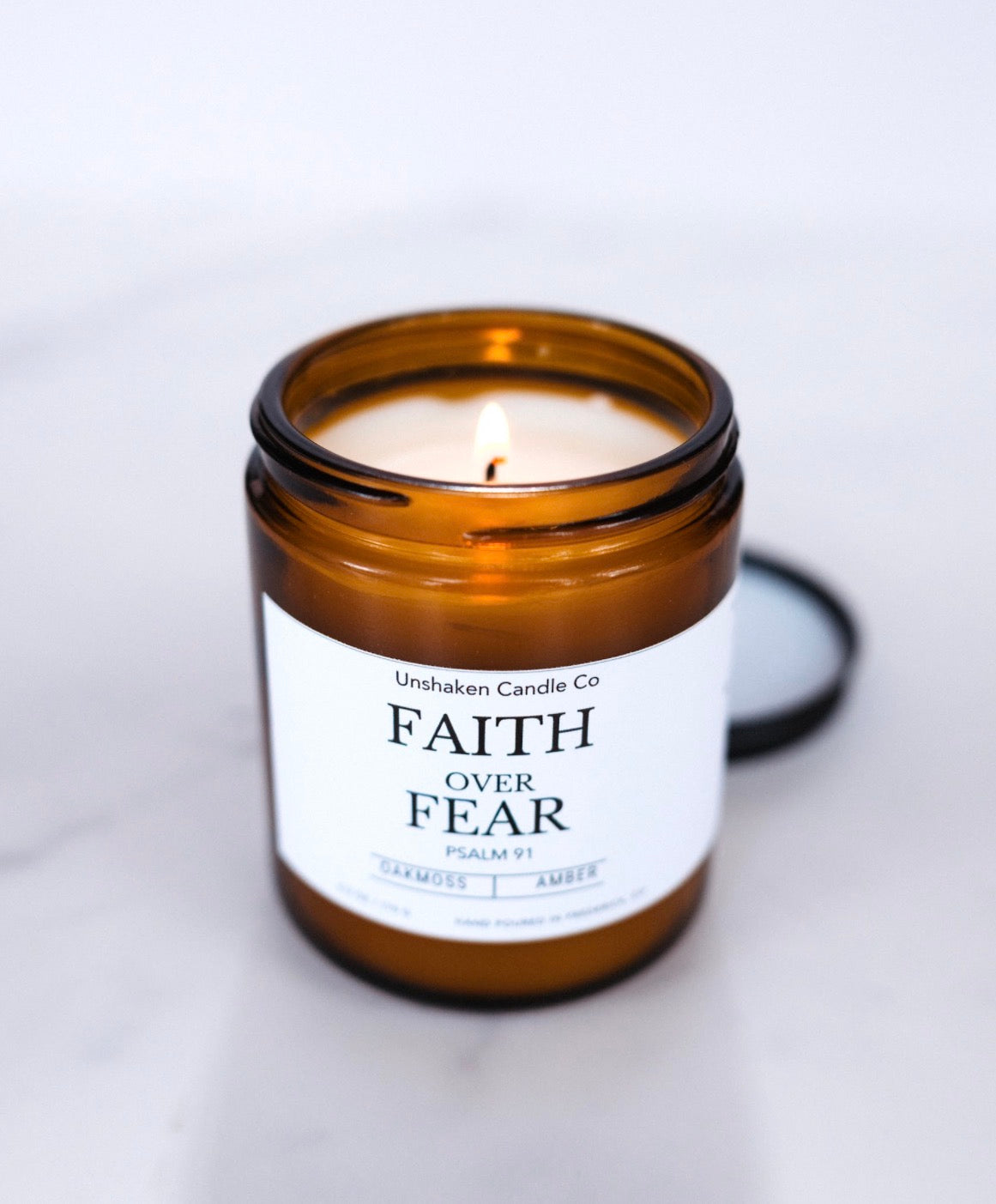 Faith Over Fear Candle | Inspirational Soy Blend Candle | Psalm 91 Inspired | Oakmoss & Amber