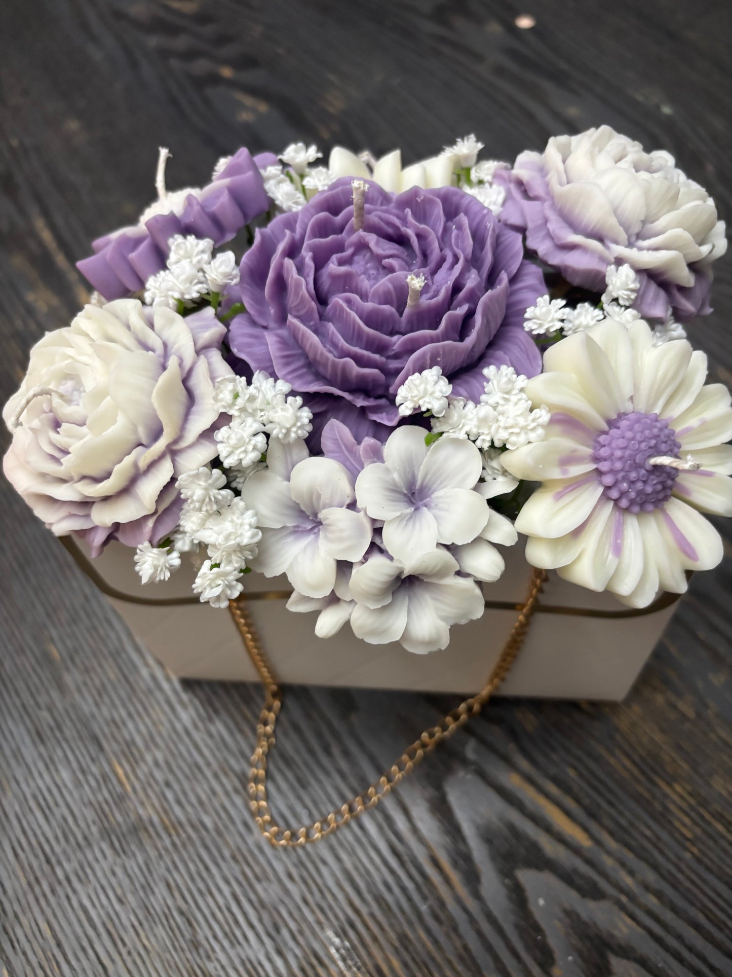 Custom Soy Candle Flower Bouquet in Purse Bag — Choose Colors, Rose & Gardenia Scented