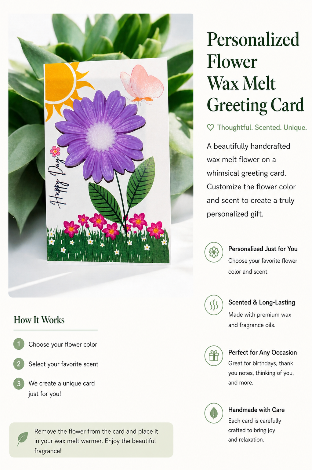 Personalized Wax Melt Flower Greeting Card | Scented Gift Card | Custom Color & Fragrance | Unique Handmade Gift