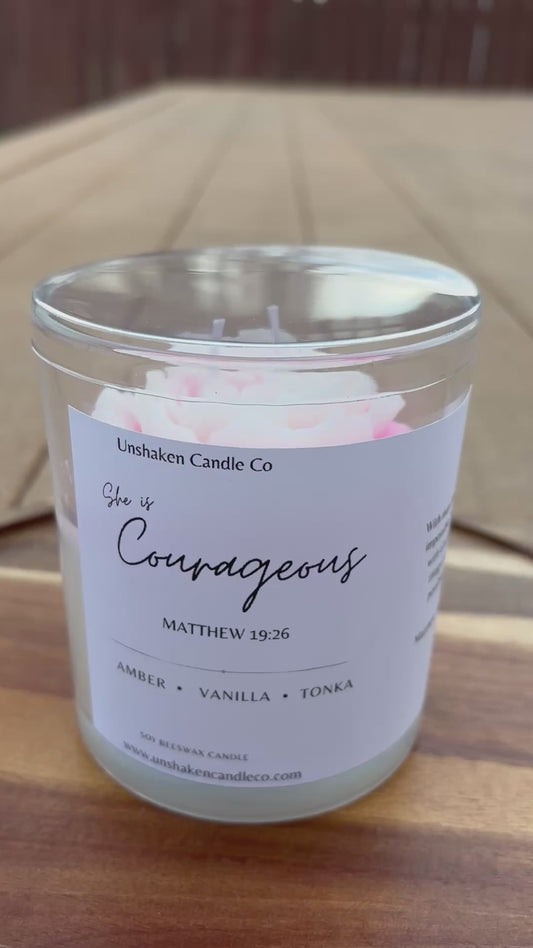 She Is Courageous Candle | Matthew 19:26 Scripture Candle | Peony Flower Faith Candle | Christian Gift for Women | 10 oz