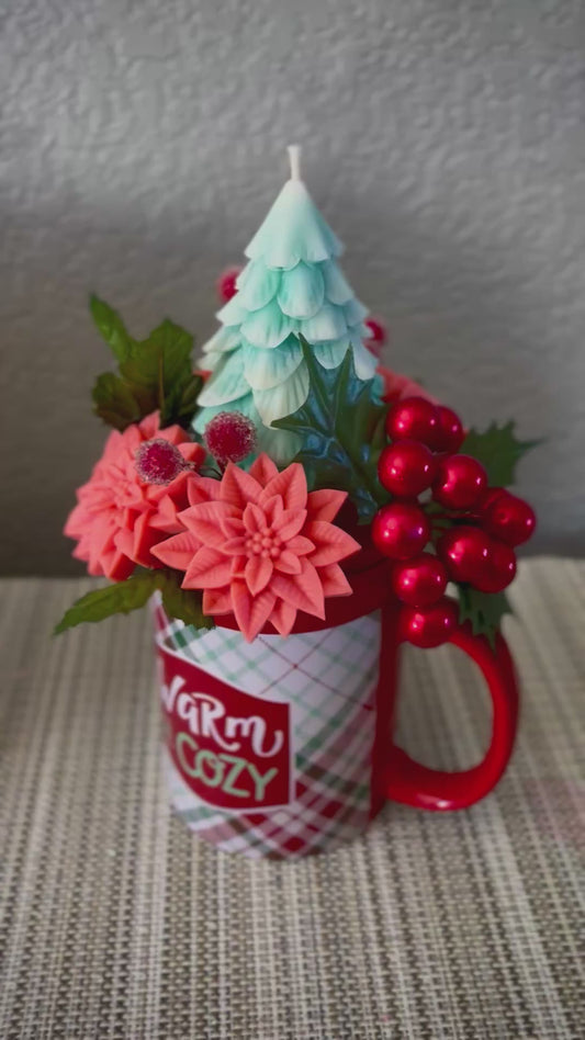 Holiday Wax Melt & Candle Arrangement in Festive Mug | Christmas Centerpiece Gift