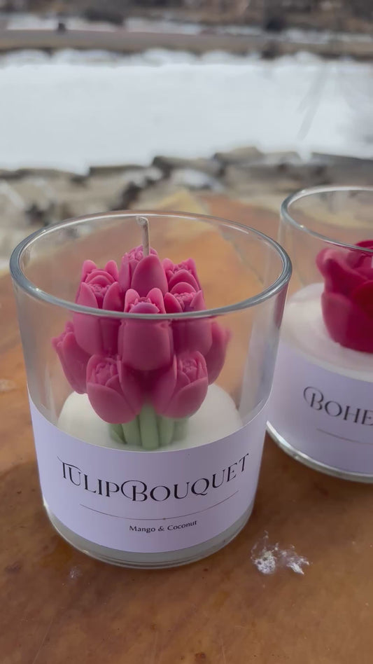 Tulip Bouquet Candle – Mango & Coconut Scent | Soy & Beeswax Floral Candle | 7 oz Decorative Spring Candle