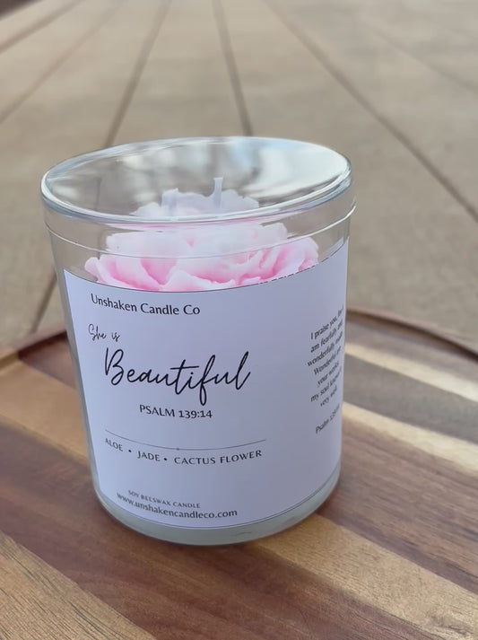 She Is Beautiful Candle | Psalm 139:14 Floral Scripture Candle | Peony Flower Candle Gift | Christian Home Decor | 10 oz
